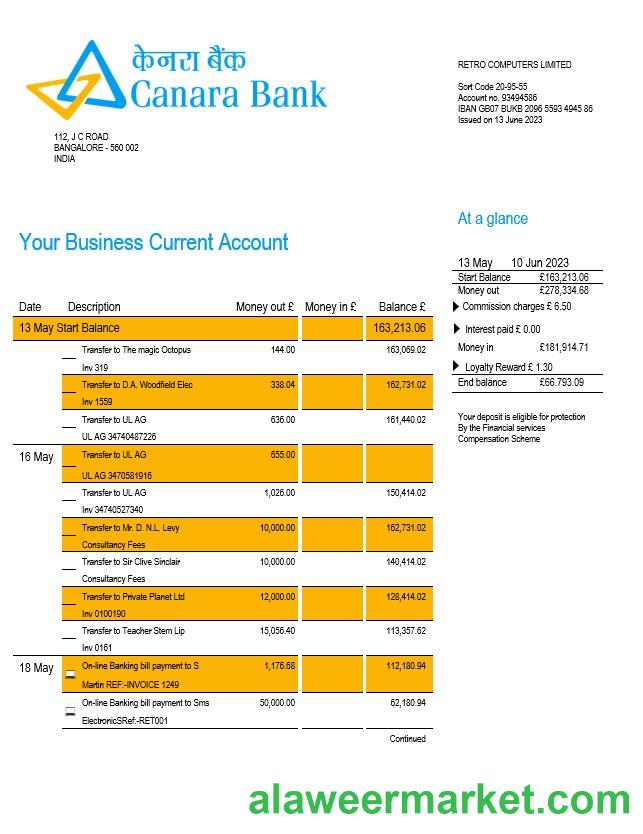 Canara Bank corporate checking account statement Word and PDF template